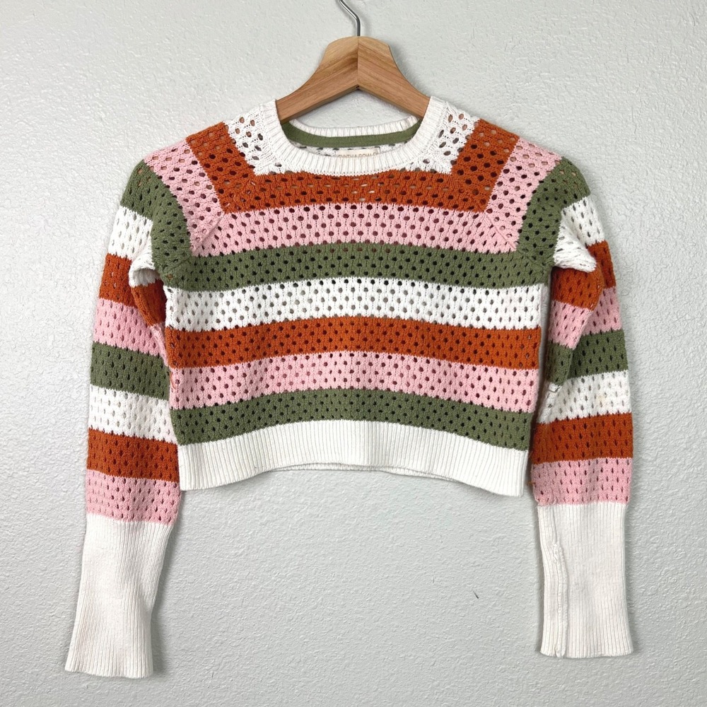 Cynthia Rowley Girls M 7/8 Striped Pointelle Open Knit Cropped Sweater Multi